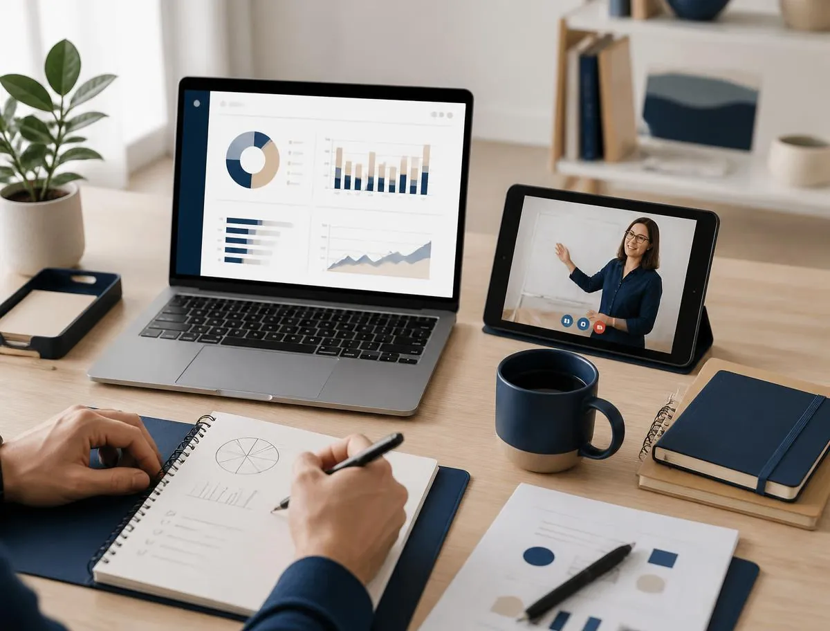 KI-generierte Visualisierung: Finanzplanung und digitale Prozesse eines Nachhilfeunternehmens auf Laptop und Tablet